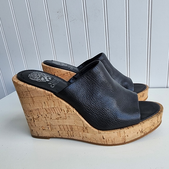 Vince Camuto Chaisen Platform Cork Wedges Black Leather Women's Sandals Sz 7M - Picture 4 of 12